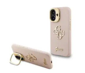 Guess PU Grained 4G Logo Stojak Ramka Aparatu Tylna Etui na iPhone'a 16 Różowy