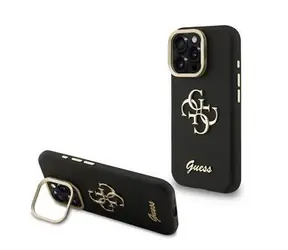 Guess PU Grained 4G Logo Stojak Ramka Aparatu Tylna Etui do iPhone'a 16 Pro Czarny