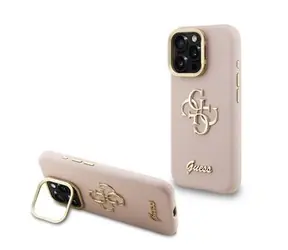 Guess PU Grained 4G Logo Stojak Ramka Aparatu Tylna Etui do iPhone'a 16 Pro Różowe