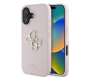Tylna obudowa Guess PU Grained 4G z metalowym Logo do iPhone'a 16 w kolorze różowym