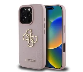 Tylna obudowa Guess PU Grained 4G z metalowym Logo do iPhone'a 16 Pro w kolorze różowym