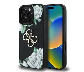 Tylna obudowa Guess PU Grained Roses 4G z metalowym Logo do iPhone'a 16 Pro, czarna