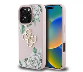Guess PU Grained Roses 4G z metalowym Logo na tył iPhone'a 16 Pro w kolorze różowym