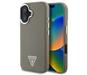 Tylna obudowa Guess PU z trójkątnym Logo i ziarnistą fakturą do iPhone'a 16, brązowa