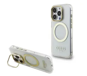 Guess IML Gold Outline Stand Camera Frame MagSafe Back Cover do iPhone 15 Pro Max Transparent