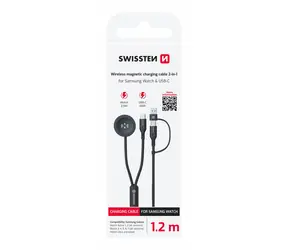 Kabel magnetyczny do ładowania bezprzewodowego Swissten 2w1 do Samsung Galaxy Watch + USB-C 1,2 m czarny / 2,5 W / USB-A/USB-C