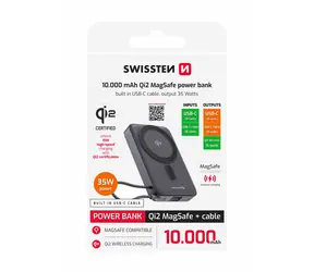 Swissten 22013979 Powerbank MagSafe Qi2 10000 mAh ze zintegrowanym kablem USB-C 15 W czarny
