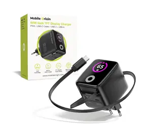 Mobile Origin PW3 GaN 65W czarny / Ładowarka z wyświetlaczem TFT / 1x kabel USB-C / 1x USB-C i 1x USB-A