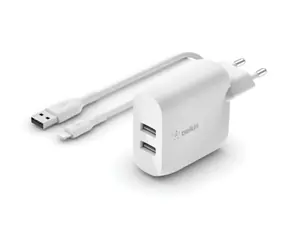 Ładowarka Belkin BOOST CHARGE biała / ładowarka / 2x USB-A / 24 W / z kablem Lightning 1 m