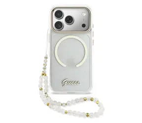 Pasek z brokatem Guess IML z napisem MagSafe na tylną obudowę do iPhone'a 17 Pro Max, przezroczysty