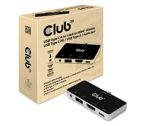 Hub USB-C 4w1 Club3D CSV-1591 czarny / HDMI/4K@60Hz / 1x USB-A / gniazdo 3,5 mm / USB-C / PD