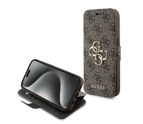 Rozpakowany - Etui Guess PU Leather 4G z metalowym Logo w kształcie książki do Apple iPhone 15 Pro , brązowe / rozpakowane