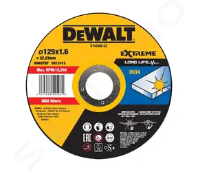DeWalt DT43906 / Tarcza tnąca ze stali nierdzewnej / Średnica 125 x 22,23 mm / Szerokość cięcia 1,6 mm