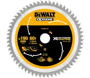DeWalt DT99564 / Brzeszczot do pił tarczowych / Średnica 190x30 mm / Szerokość cięcia 1,55 mm / Ilość zębów 60