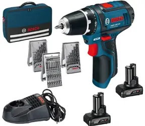 BOSCH GSR 12V-15 / Wiertarko-wkrętarka akumulatorowa z akcesoriami (39 szt.) / 12 V / 2 x 4,0 Ah / uchwyt 10 mm / 1600 obr./min / 30 Nm