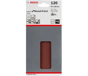 BOSCH Expert C430 2608605306 / Zestaw papierów ściernych do drewna i farby z otworami / Ziarnistość 120 / 93x186mm / 8 otworów / 10 szt.