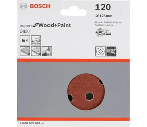 BOSCH Expert C430 2608605643 / Tarcza szlifierska mimośrodowa / Ziarnistość 120 / 125 mm / 8 otworów / Rzep / 5 szt.