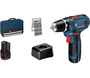 BOSCH GSR 12V-15 Professional / Wiertarko-wkrętarka akumulatorowa / 12 V / 2 x 2,0 Ah / uchwyt 10 mm / 1300 obr./min / 30 Nm / zestaw bitów