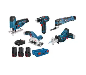 BOSCH 0615A0017C / Zestaw narzędzi akumulatorowych: GSR 12V-15 + GST 12V-70 + GOP 12V-28 + GKS 12V-26 + GSA 12V-14 / 3x3,0 Ah+GAL 12V-20