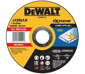 DeWalt DT43972 / Tarcza tnąca do stali nierdzewnej / Średnica 125x22,2 mm / Szerokość 1,0 mm / 10 szt.