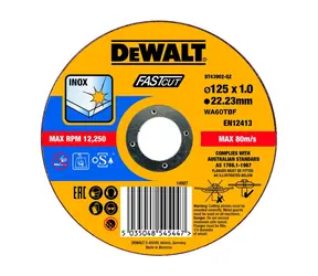 DeWalt DT43902 / Tarcza tnąca do stali nierdzewnej / Średnica 125 x 22,2 mm / Szerokość 1,0 mm