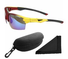 Okulary przeciwsłoneczne z Polarized 255 - czerwone oprawki - niebieskie lustrzane soczewki / soczewki polaryzacyjne / etui 