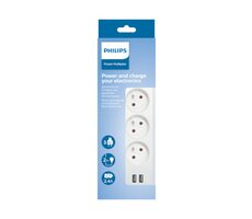 Philips SPN3032WA/60 biały / Przewód przedłużający / 3 gniazda / 2 USB-A / 2m