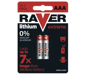 Baterie AAA Raver, litowe 1,5 V, wytrzymują do 7 razy dłużej niż baterie alkaliczne, 2 szt.