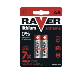 Baterie AA Raver, litowe 1,5 V, wytrzymują do 7 razy dłużej niż baterie alkaliczne, 2 szt.