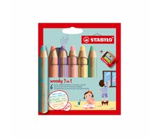 STABILO® Woody 3 w 1 - zestaw 6 elementów z temperówką - 6 różnych pastelowych kolorów