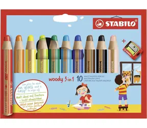 STABILO® Woody 3 w 1 - zestaw 10 elementów z temperówką - 10 różnych kolorów