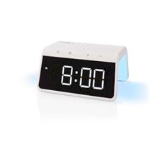 Nedis WCACQ30WT biały / Budzik z ładowarką bezprzewodową / 15 W / 1x USB-A / 1x USB-C / lampka nocna 
