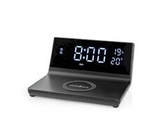 Nedis WCACQ20BK czarny / Budzik z ładowarką bezprzewodową / 15 W / 1x USB-A / 2x USB-C / 2 czasy alarmu 