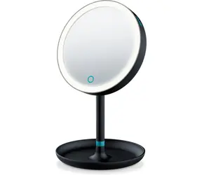 Lustro kosmetyczne BEURER BS 45 czarne / Średnica: 17,5 cm / Lustro dodatkowo magnetyczne / Światło LED / Zasilanie 3x AA