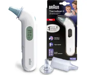 Braun IRT 3030 ThermoScan 3 / cyfrowy termometr na podczerwień / pomiar w uchu / 34 - 42,2°C / 2xAA / biały