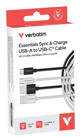 Kabel Verbatim Essentials Sync & Charge czarno-biały / USB-A do USB-C / 18 W / 100 cm / 2 szt.