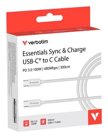 Verbatim Essentials Sync & Charge biały / Kabel USB-C / USB-C do USB-C / 100 W / 3 m