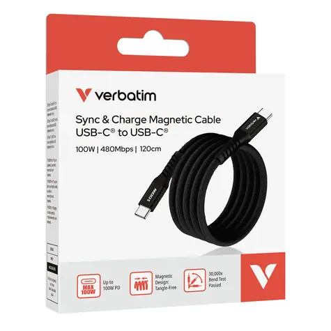 Kabel magnetyczny Verbatim 31863 USB-C 100 W, 1,2 m, czarny / Kabel / USB-C(M) do USB-C(M) / PD & QC 3.0
