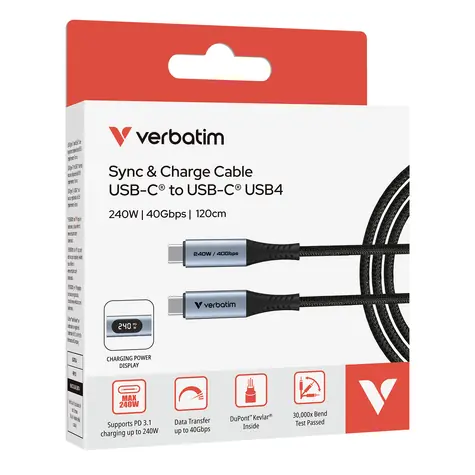 Verbatim Sync & Charge czarny / Kabel USB-C do USB-C / 240 W / 40 Gbit/s / 120 cm / Wyświetlacz LED