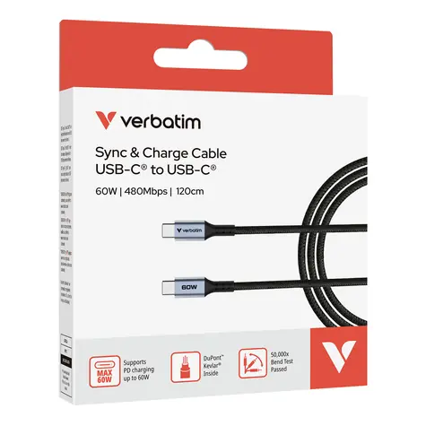 Kabel Verbatim Sync & Charge USB-C do USB-C czarny / 60 W / 480 Mb/s / 120 cm