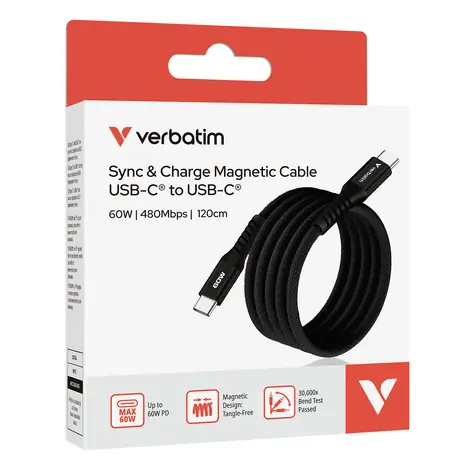Verbatim 31859 Magnetyczny kabel USB-C 60 W 1,2 m czarny / USB-C(M) / USB-C(M) / 60 W / PD & QC 3.0