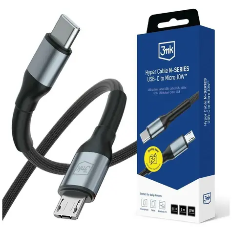 Kabel Hyper 3mk N-SERIES USB-C do Micro czarny / Kabel danych / 3 m / 10 W