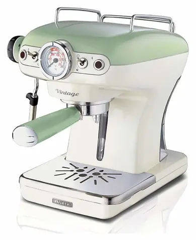 Ariete 1389 Vintage Espresso zielony / Ekspres do kawy dźwigniowy / 850 W / 0,9 l / 15 bar / manometr / spieniacz do mleka
