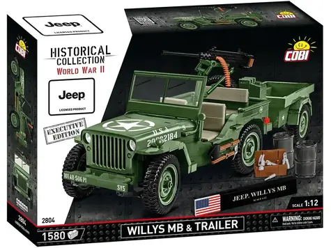 Cobi 2804 Willys MB Jeep z przyczepą - Edycja Wykonawcza / Zestaw konstrukcyjny / 1:12 / 1580 klocków / od 10 lat