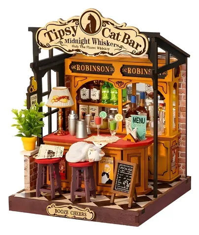 Robotime Miniaturowy Tipsy Cat Bar / Drewniana układanka 3D / 136 elementów / od 14 lat