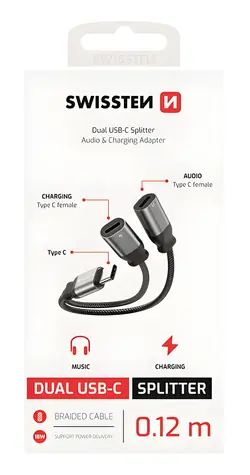 Swissten Textile czarny / Adapter audio z ładowaniem / USB-C (męski) do 2x USB-C (żeński) / 0,12 m