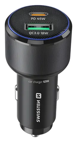 Adapter Swissten CL czarny / Ładowarka samochodowa / USB-C PD + USB-A / 63W