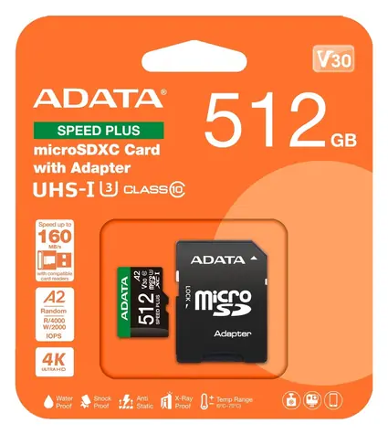 Karta ADATA Speed PLUS / Micro SDXC / 512 GB / UHS-I U3 / Klasa 10 / odczyt: 180 MB/s / zapis: 160 MB/s