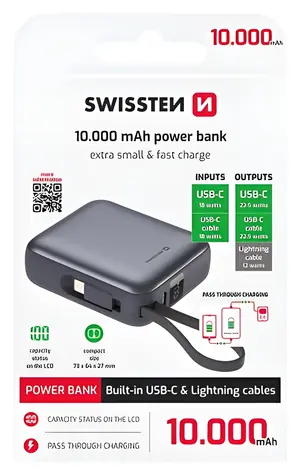 Swissten SPACE 10000mAh srebrny / Power bank ze zintegrowanymi kablami / USB-C + Lightning
