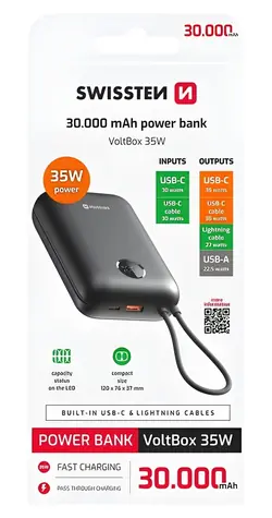 Swissten VOLTBOX 30000 mAh czarny / Powerbank ze zintegrowanymi kablami / 35 W / USB-C i Lightning